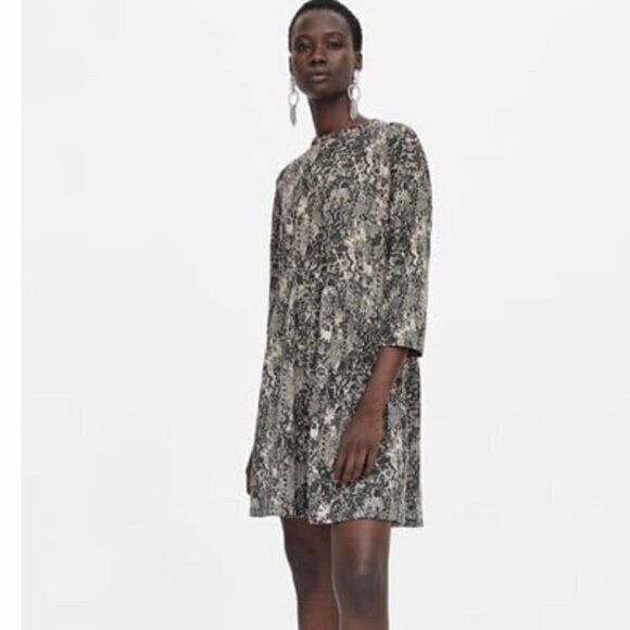 ZARA Snakeskin Tan/Black Poplin Half Sleeve Dress/ Women's Size Small - Picture 1 of 11
